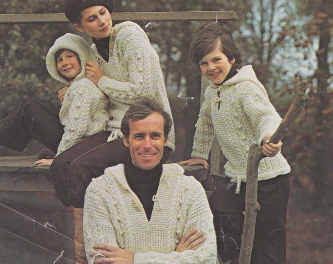 Aran Hoodie Sweater Knitting Pattern PDF for the Family, Womens Mens, Boys and Girls Hooded Jumper, Vintage Knit Patterns