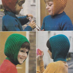 May include: Four knitted hats with ear flaps in different colours: red, orange, green and blue. The hats are made with a simple stitch pattern and have a close-fitting style.