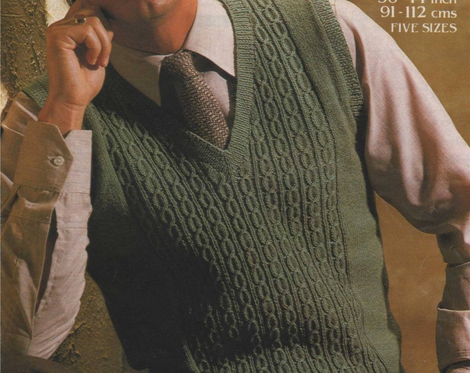 Mens Pullover Knitting Pattern PDF  Mans 36, 38, 40, 42 and 44 inch chest, Slipover, Sleeveless Jumper, Vintage Knitting Patterns for Men