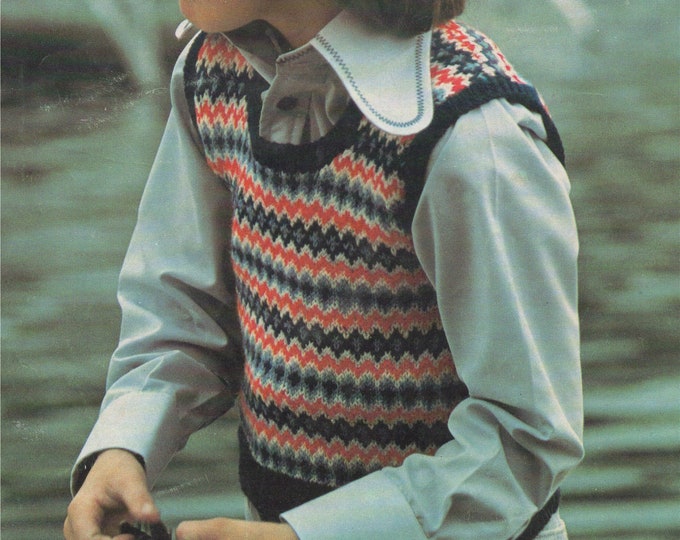 Childrens Fair Isle Pullover Knitting Pattern PDF Boys or Girls 22, 24, 26, 28, 30 and 32 inch chest, Slipover, Tank Top, epattern Download