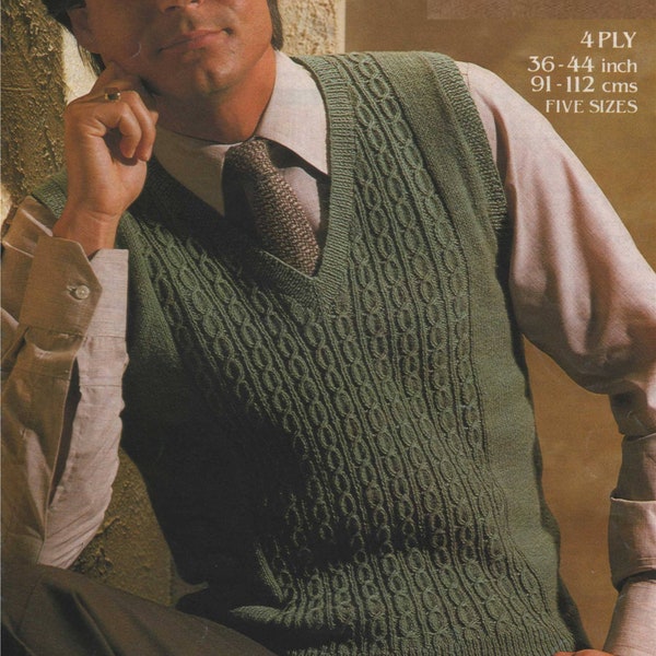 Mens Pullover Knitting Pattern PDF  Mans 36, 38, 40, 42 and 44 inch chest, Slipover, Sleeveless Jumper, Vintage Knitting Patterns for Men
