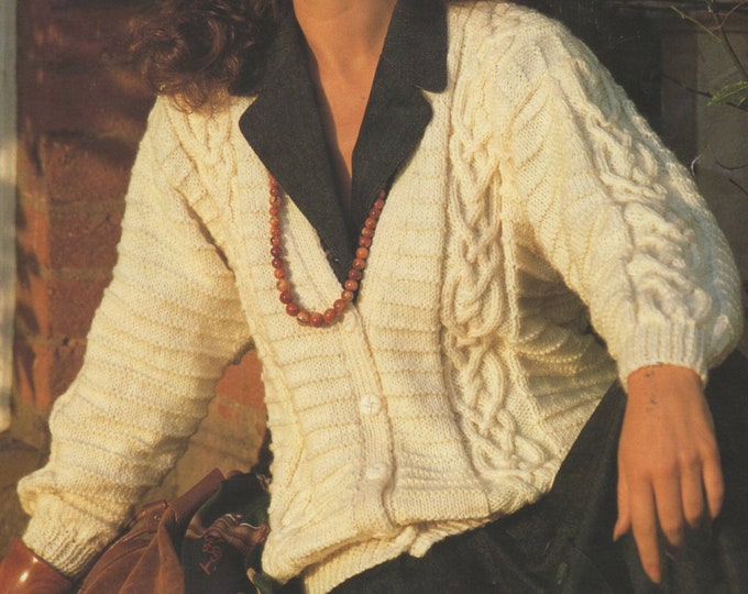 Womens V Neck Aran Cardigan Knitting Pattern PDF Ladies 30, 32, 34, 36, 38, 40 and 42 inch chest, Vintage Aran Knitting Patterns for Women