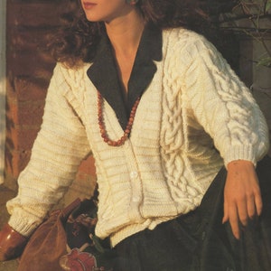 Womens V Neck Aran Cardigan Knitting Pattern PDF Ladies 30, 32, 34, 36, 38, 40 and 42 inch chest, Vintage Aran Knitting Patterns for Women