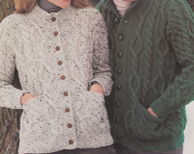 Aran Round Neck Cardigan Knitting Pattern PDF Womens or Mens 34 - 36 and 39 - 41 inch chest, Unisex, 10 ply Yarn, Vintage Aran Knit Patterns