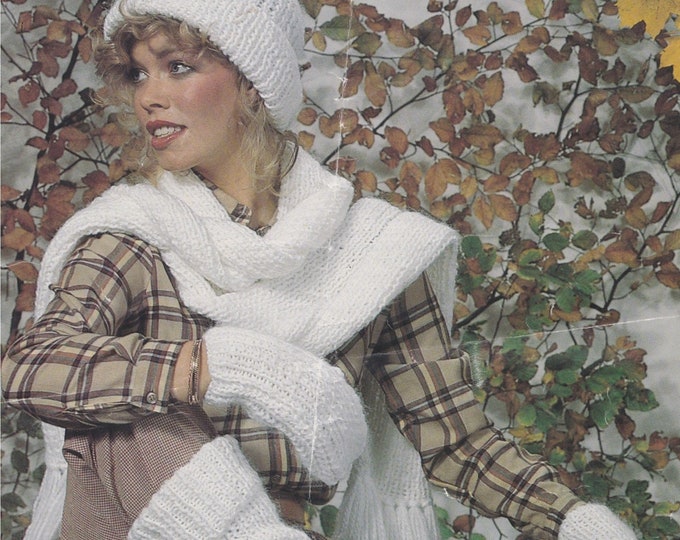 Hat, Leg Warmers, Mittens & Scarf Knitting Pattern PDF Legwarmers, Boot Cuffs, Womens and Girls 8 - 10 years, Chunky Yarn, epattern Download