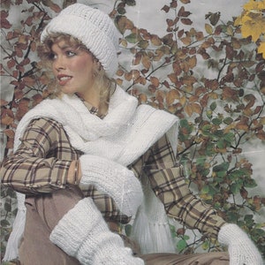 Hat, Leg Warmers, Mittens & Scarf Knitting Pattern PDF Legwarmers, Boot Cuffs, Womens and Girls 8 - 10 years, Chunky Yarn, epattern Download