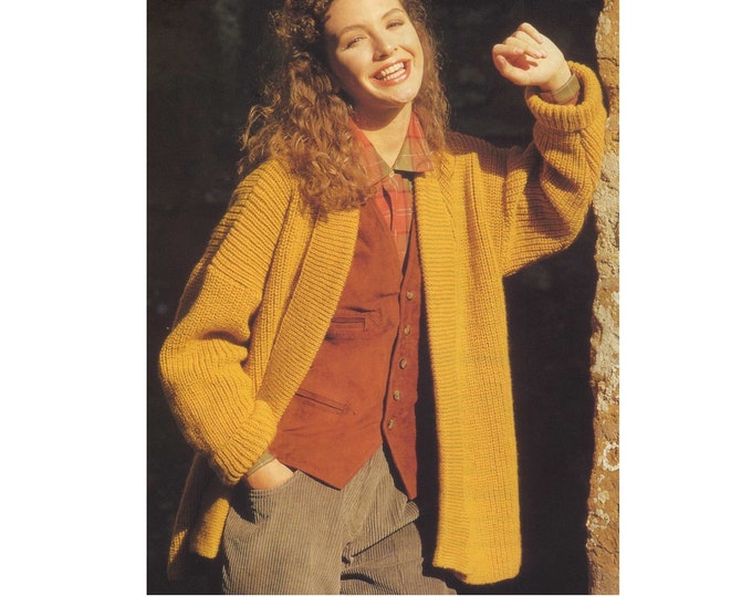 Womens Jacket Knitting Pattern PDF Ladies 34, 36 & 38 inch bust, No Buttons, Edge to Edge Design, Long Cardigan, Vintage Patterns for Women