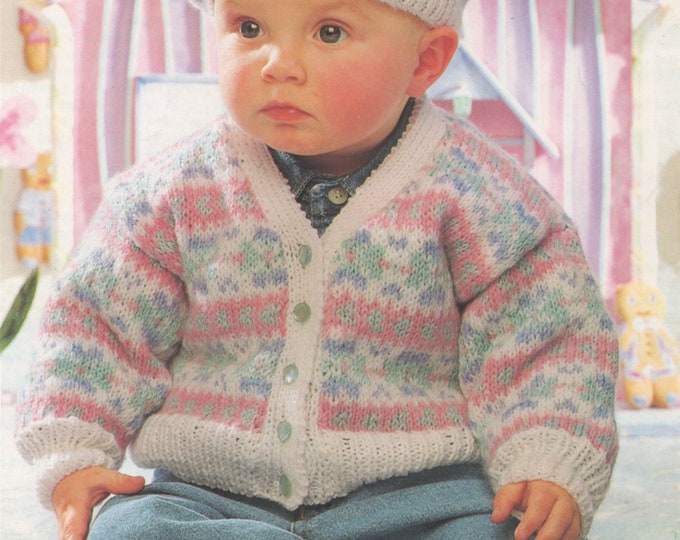 Babies Fair Isle Cardigan and Beret Knitting Pattern PDF Baby, Toddlers, Childrens, Boys and Girls 16, 18, 20, 22, 24 and 26 inch chest