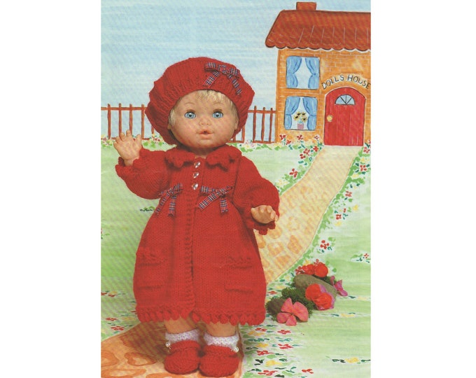 Dolls Clothes Knitting Pattern PDF for 12 - 14, 15 - 18 and 19 - 22 inch Doll, Coat, Beret, Shoes Dolls Outfit Pattern, DK Yarn, Download