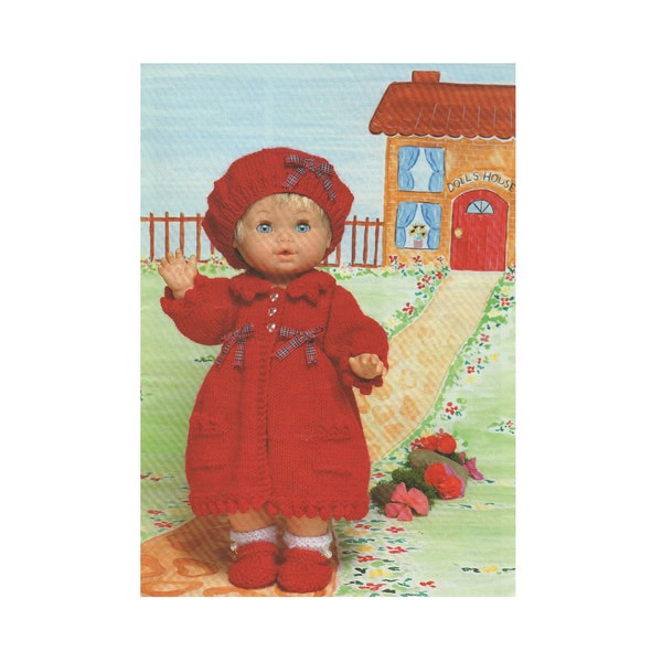 Dolls Clothes Knitting Pattern PDF for 12 - 14, 15 - 18 and 19 - 22 inch Doll, Coat, Beret, Shoes Dolls Outfit Pattern, DK Yarn, Download