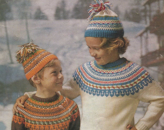 Childrens Fair Isle Sweater and Hat Knitting Pattern PDF Boys or Girls 28 and 30 inch chest, Jumper, Vintage Knitting Patterns for Children