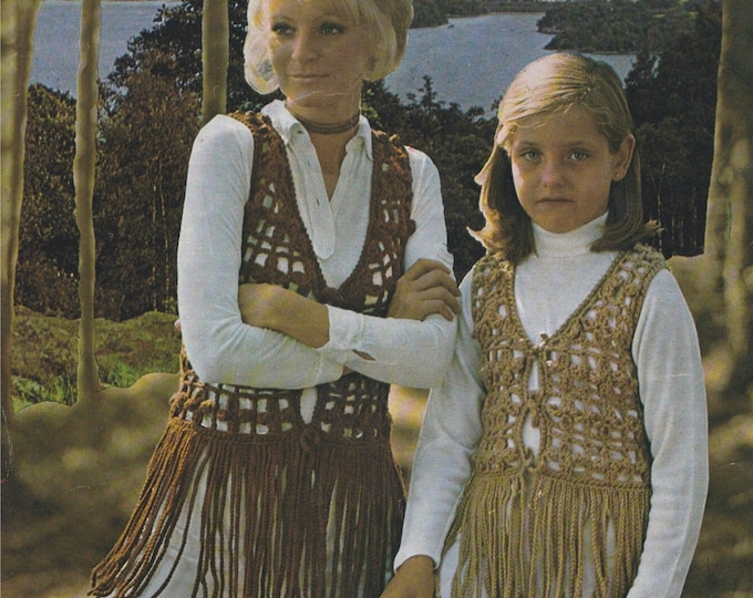 Waistcoat with Long Fringe Crochet Pattern PDF Womens or Girls 30, 32, 34 and 36 inch bust, Gilet, Chunky Yarn, Vintage Crochet Patterns