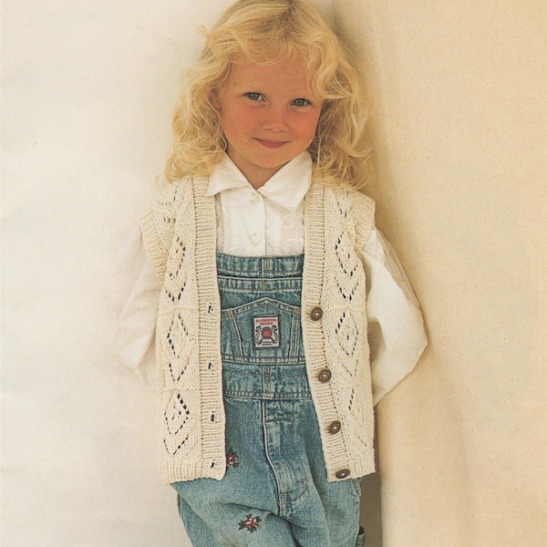 Childrens Waistcoat Knitting Pattern PDF Girls 22, 24, 26, 28 and 30 inch chest, Gilet, Vintage Knitting Patterns for Children, Download