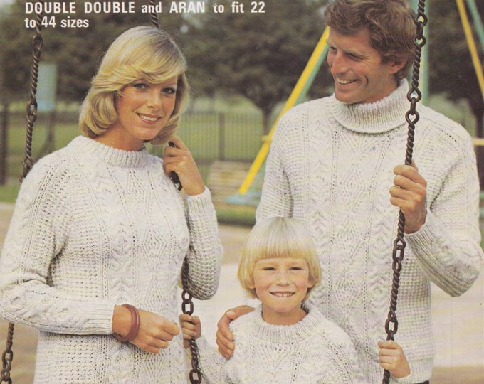 Aran Sweater Knitting Pattern PDF Mens, Womens, Boys or Girls 22, 24, 26, 28, 30, 32, 34, 36, 38, 40, 42 and 44 inch chest, Family Patterns