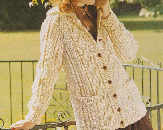 Womens Aran Cardigan Knitting Pattern PDF Ladies 34, 36, 38 and 40 inch bust, Longline Jacket, Vintage Aran Knitting Patterns for Women