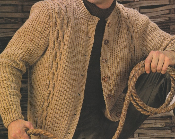 Mens Aran Round Neck Cardigan Knitting Pattern PDF Mans 40, 42, 44, 46, 48 and 50 inch chest, 10 ply Yarn, Vintage Knitting Patterns for Men
