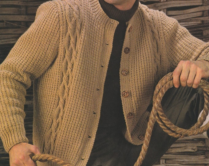 Mens Aran Round Neck Cardigan Knitting Pattern PDF Mans 40, 42, 44, 46, 48 and 50 inch chest, 10 ply Yarn, Vintage Knitting Patterns for Men