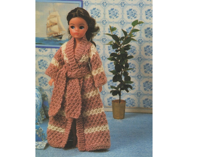 Dolls Clothes Knitting Pattern PDF for 11 and 13 inch Fashion Dolls Dressing Gown Outfit Pattern, Sindy, Vintage Knitting Patterns for Dolls