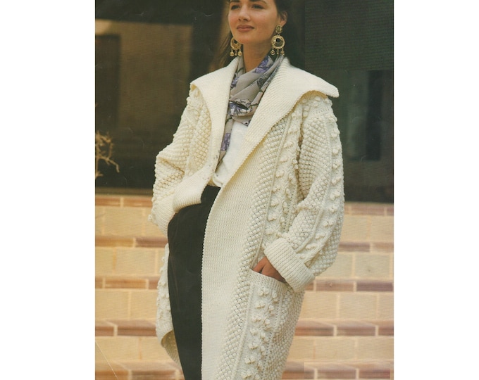 Womens Aran Coat Knitting Pattern PDF Ladies 30 - 32, 34 - 36 & 38 - 40 inch bust, Edge to Edge Design, Vintage Knitting Patterns for Women