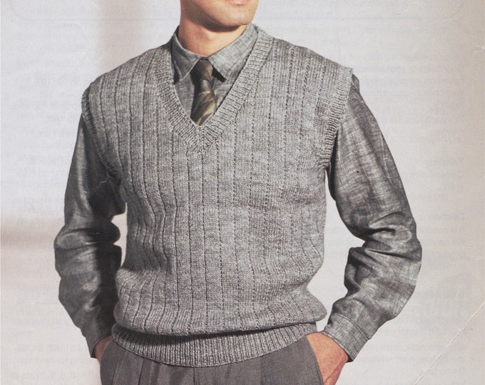 Mens Slipover Knitting Pattern PDF  Mans 36, 38, 40, 42 & 44 inch chest, Sleeveless Jumper, DK 8 ply yarn, Vintage Knitting Patterns for Men