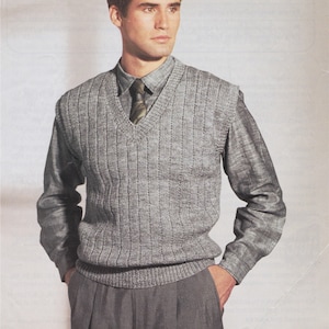Mens Slipover Knitting Pattern PDF  Mans 36, 38, 40, 42 & 44 inch chest, Sleeveless Jumper, DK 8 ply yarn, Vintage Knitting Patterns for Men