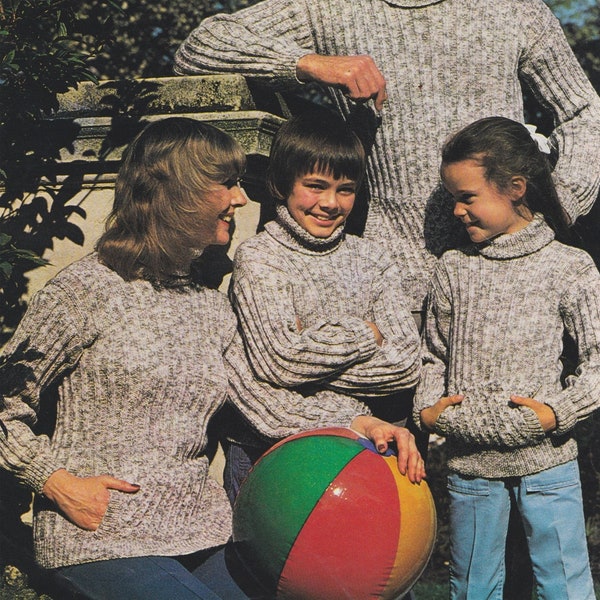 Sweater with Kangaroo Pocket Knitting Pattern PDF 26, 30, 34, 38, 42, 46 inch chest, DK 8 ply Yarn, Vintage Knitting Patterns for the Family