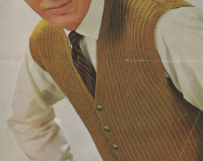 Mens Gilet Waistcoat Knitting Pattern PDF Mans 38, 40 and 42 inch chest, 4 ply Yarn, Vintage Knitting Patterns for Men, e-pattern Download