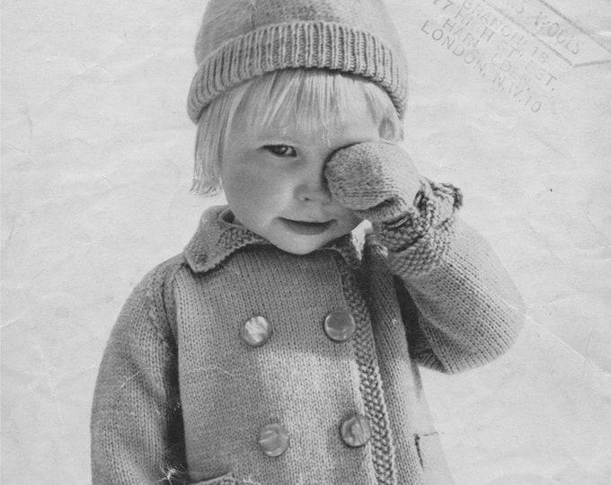 Toddlers Coat, Hat and Mittens Knitting Pattern PDF Girls 20, 22 and 24 inch chest, Vintage Knitting Patterns for Children
