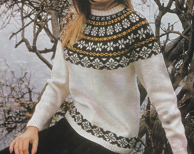 Womens Fair Isle Yoke Sweater Knitting Pattern PDF Ladies 34 - 36 and 38 - 40 inch bust, Vintage Fair Isle Knitting Patterns for Women