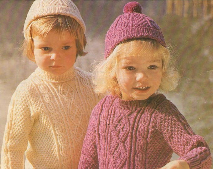 Toddlers Sweater Knitting Pattern PDF Boys and Girls 22 and 24 inch chest, Patterned Jumper & Hat, 8 ply DK Yarn, Vintage Knitting Patterns