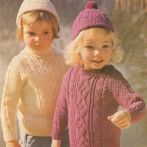 Toddlers Sweater Knitting Pattern PDF Boys and Girls 22 and 24 inch chest, Patterned Jumper & Hat, 8 ply DK Yarn, Vintage Knitting Patterns