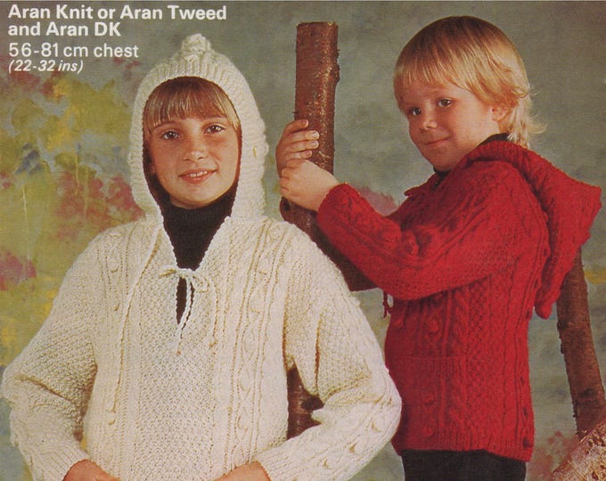 Aran Hooded Sweater Knitting Pattern PDF Boys or Girls 22, 24, 26, 28, 30 and 32 inch chest, Hoodie Jumper, Knitting Patterns for Children