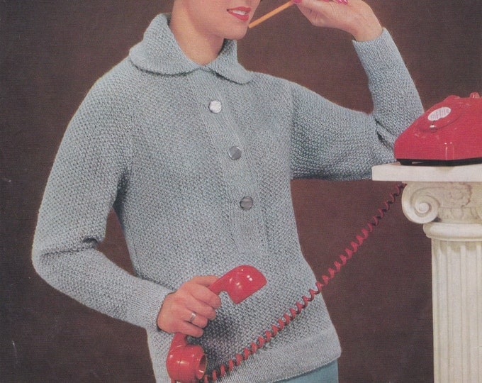 Womens Sweater in Moss Stitch Knitting Pattern PDF Ladies 32, 34, 36 & 38 inch bust, Jumper with Collar, Vintage Knitting Patterns for Women