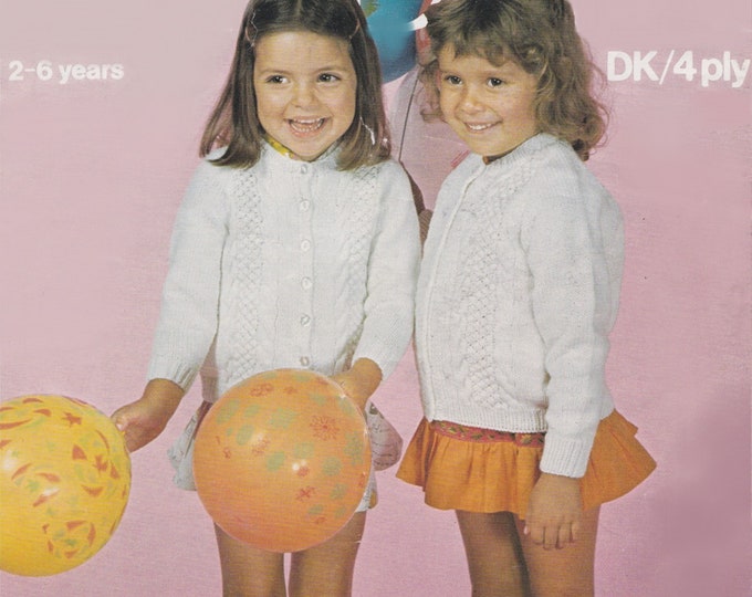 Round Neck Cardigan Knitting Pattern PDF Girls 22, 24 and 26 inch chest ; 2, 4, and 6 years, DK or 4 ply Yarn, Vintage Patterns for Children