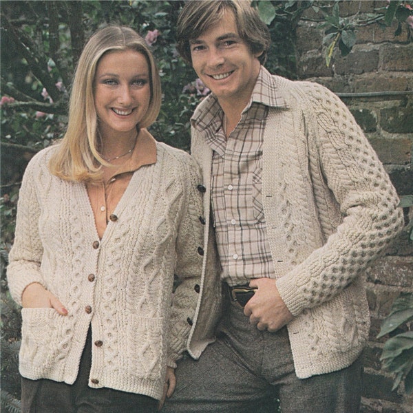Aran V Neck Cardigan with Pockets Knitting Pattern PDF Womens and Mens 34, 36, 38, 40, 42 and 44 inch chest, Unisex, Vintage Knit Patterns