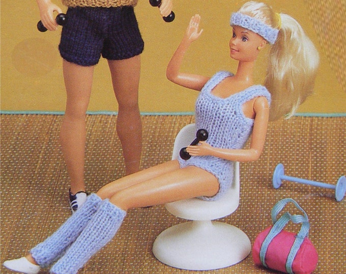 Dolls Clothes Knitting Pattern PDF 11 - 12 inch Doll, Gym Outfit for Barbie & Ken, Fashion Dolls, Vintage Knit Patterns for Dolls, Download