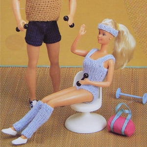 Dolls Clothes Knitting Pattern PDF 11 - 12 inch Doll, Gym Outfit for Barbie & Ken, Fashion Dolls, Vintage Knit Patterns for Dolls, Download