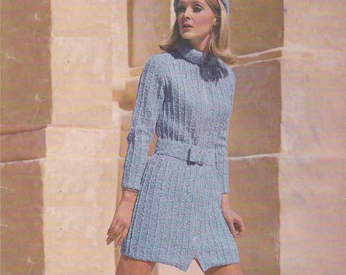 Womens Belted Zip Coat Dress and Hat Knitting Pattern PDF Ladies 32, 34 and 36 inch bust, DK 8ply Yarn, Vintage Knit Patterns for Women