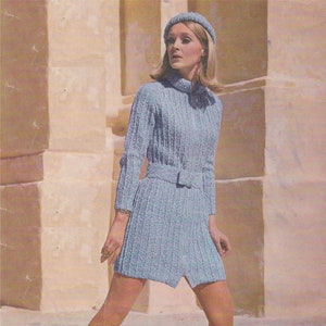 Womens Belted Zip Coat Dress and Hat Knitting Pattern PDF Ladies 32, 34 and 36 inch bust, DK 8ply Yarn, Vintage Knit Patterns for Women