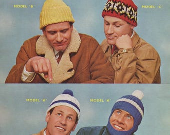 Mens Hat Knitting Pattern PDF, Mans Hats, Bobble Hats, Vintage Knitting Patterns for Men, epattern Download