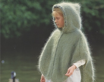 Girls Hooded Cape Knitting Pattern PDF Childrens 24, 26, 28 & 30 chest, Hoodie Poncho, Mohair, Vintage Knitting Patterns, epattern Download