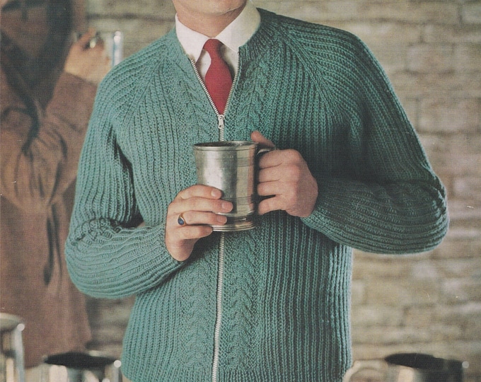 Mens Zip Cardigan Knitting Pattern PDF Mans 38, 40, 42 & 44 inch chest, Patterned Zipped Jacket, DK Yarn, Vintage Knitting Patterns for Men