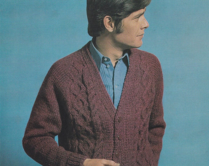 Patterned Front Raglan Cardigan Knitting Pattern PDF for Men 36, 38, 40 and 42 inch chest, 10 ply Yarn, Unisex, Vintage Knit Patterns