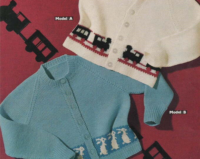 Toddlers Cardigan Train and Rabbit Knitting Pattern PDF Boys or Girls 22 inch chest, Round or V neck, Vintage Knitting Patterns for Babies