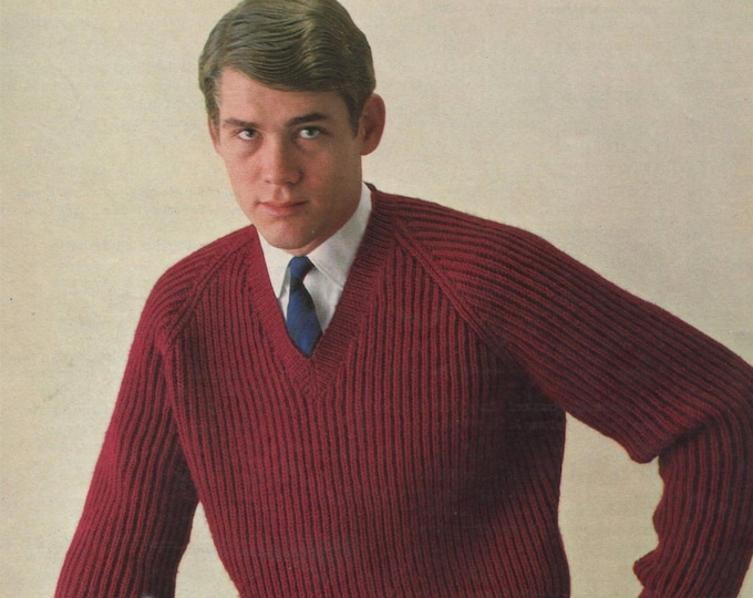 Mens Crew or V Neck Sweater Knitting Pattern PDF Mans 38, 40 and 42 inch chest, Jumper, Vintage Knitting Patterns for Men, epattern Download