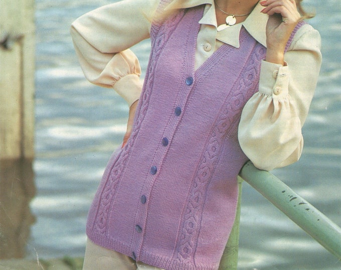 Womens Long Waistcoat Knitting Pattern PDF Ladies 32, 34, 36 and 38 inch chest, Gilet, Vintage Knitting Patterns for Women, pdf Download