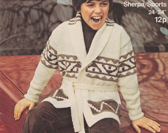 Childrens Cardigan Starsky and Hutch Style Knitting Pattern PDF Boys or Girls 24 - 26, 28 - 30 and 32 - 34 inch chest, Belted Starsky Jacket