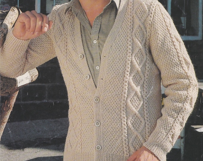 Mens V Neck Cardigan Knitting Pattern PDF Mans 38, 40, 42, 44, 46 and 48 inch chest, Large Size Patterned Cardigan, Vintage Patterns for Men