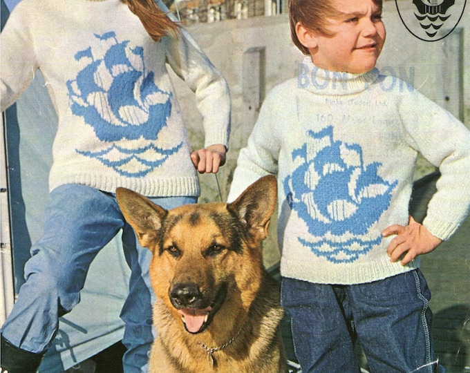 Aran Sweater Knitting Pattern PDF with Blue Peter Ship Motif, Womens, Mens, Boys or Girls 26, 28, 30, 32, 34, 36, 38 and 40 inch chest, pdf