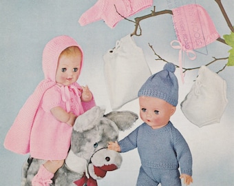 May include: Knitting pattern for a doll's outfit, featuring a pink cardigan, a pink dress with a matching bonnet, a blue sweater and pants set, and a blue hat. The pattern is for 4-ply yarn and is suitable for 16, 18, or 20 inch dolls. The pattern is from Bellmans Wools.